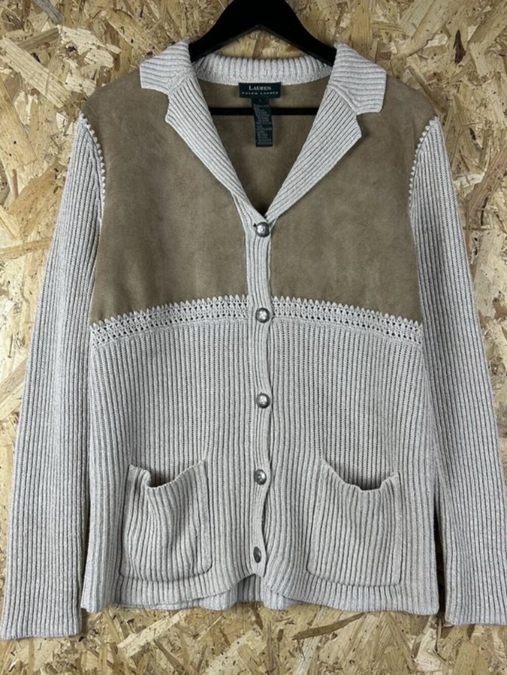 Ralph Lauren Cardigan Jacket Yoke Velour Silk Linen Blend Large